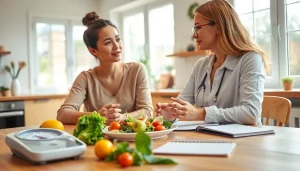 Client discussing losing weight diet plan with a nutritionist in a bright kitchen.