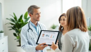 Discussing BHRT options with a healthcare provider in a modern clinic setting.