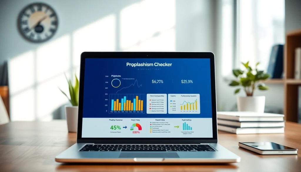 Analyze text using a detailed plagiarism checker interface on a laptop.