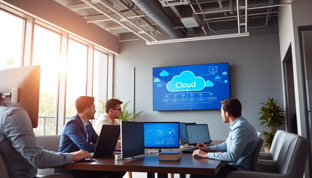 Professionele cloud migratie activiteiten van een IT-team in een moderne kantooromgeving.