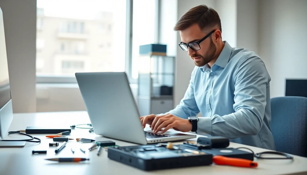 Provide expert computer service while a technician repairs a laptop in a bright office.