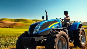 New Holland Traktor auf einem lebhaften Bauernhof mit grünem Feld im Hintergrund.