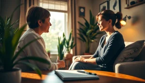 Engaging counselling session in a serene setting with a therapist and client.