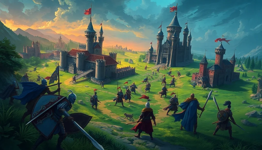 Engaging artwork for warlords 2 download showcasing a vibrant medieval battlefield with warriors.