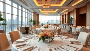 Stylish event space set up for a corporate gathering with elegant decor and natural light.