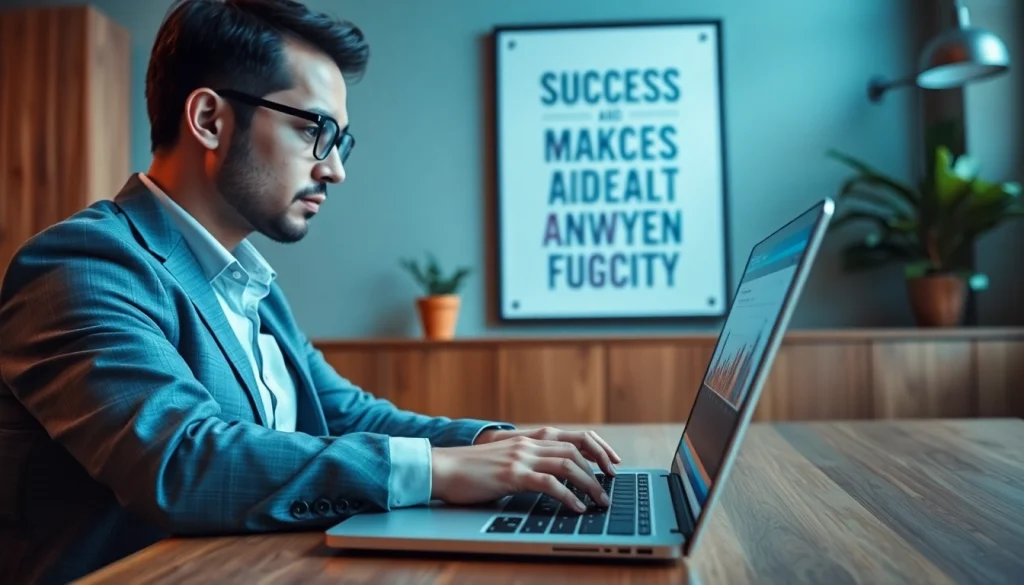 Engaged businessperson analyzing Russell Brunson funnel secrets on a laptop in a professional office.