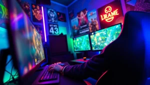 Menghadirkan situs resmi batman138 dengan pengguna bermain game online di ruang gaming modern yang penuh warna.