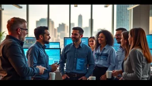 Site reliability engineering experts collaborating in a tech-driven office environment.