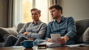 Couple contemplating a relationship breakup in a cozy living room setting.