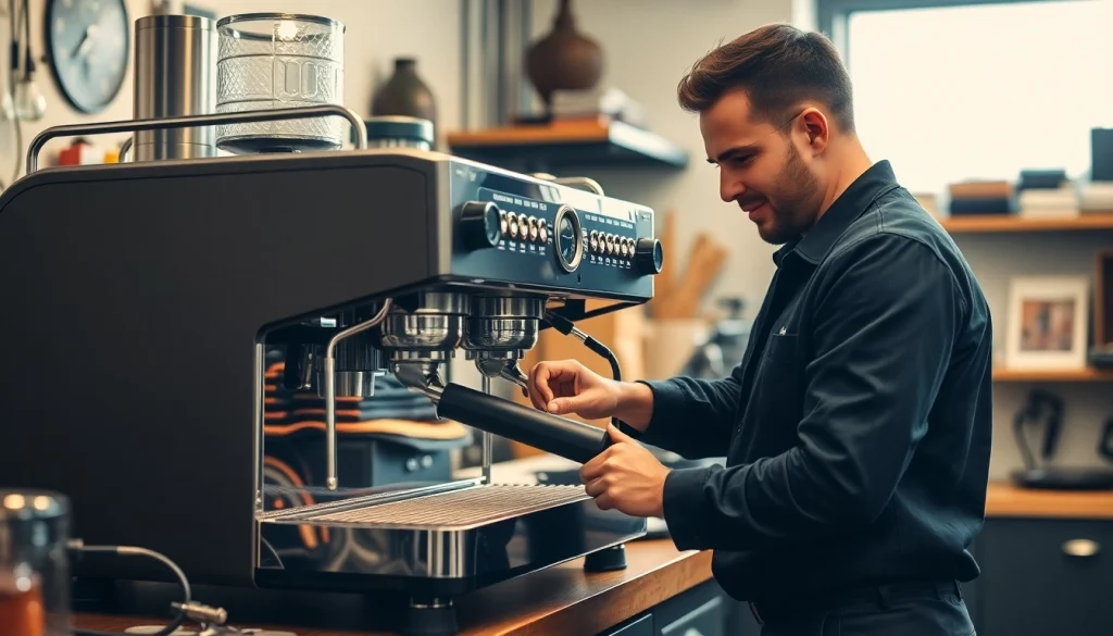 Cimbali teknik servis: Technician providing expert repair to an espresso machine in a professional setting.
