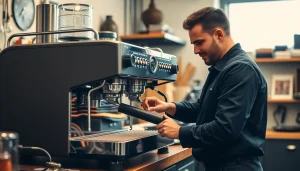 Cimbali teknik servis: Technician providing expert repair to an espresso machine in a professional setting.