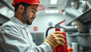 Ensure effective Fire extinguisher service with a technician inspecting equipment in a commercial kitchen.