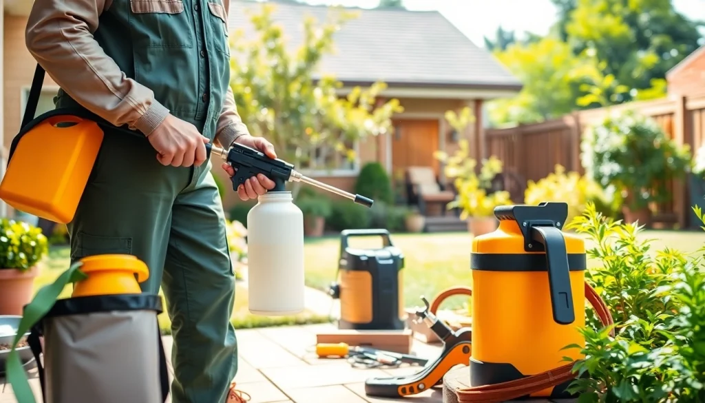 Termite treatments being applied by a professional technician in a residential garden setting.