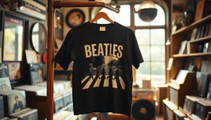 Shop stylish Beatles Abbey Road shirt featuring iconic album design in a vintage music store.