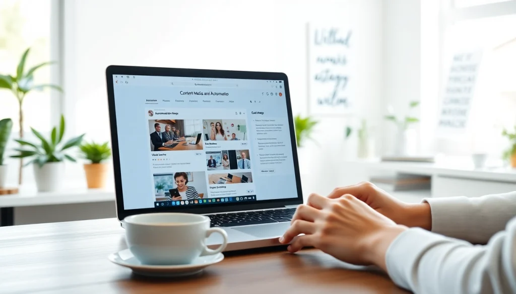 Showcasing social media and blog automation in a bright digital workspace.