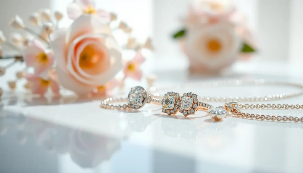 Showcase of exquisite women jewelry featuring a diamond ring and elegant earrings.