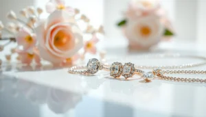 Showcase of exquisite women jewelry featuring a diamond ring and elegant earrings.