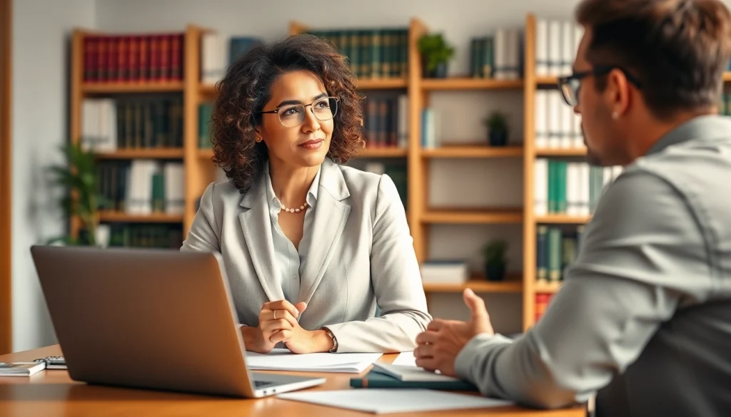 Environmental lawyer consulting with a client in a modern office filled with legal books.