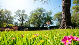 Kids enjoying the GARDEN ZIP WIRE KIT while gliding between trees in a sunny garden.