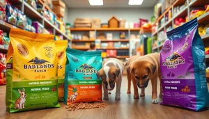 Showcases badlands ranch dog food bags in a pet store with playful puppies exploring around.