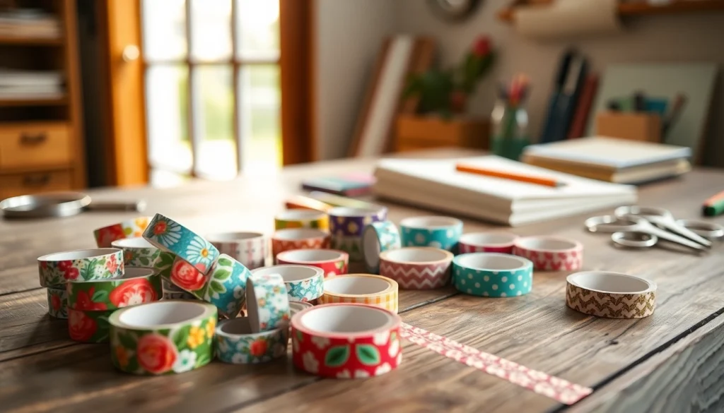 Design vibrant washi tape rolls artistically displayed on a crafting table.