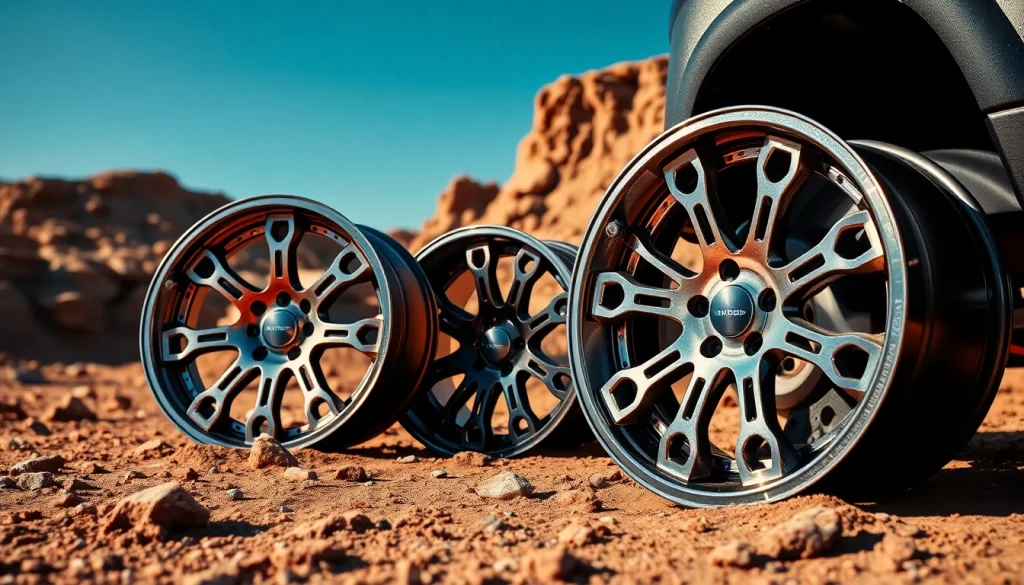 Showcasing XD wheels against a rugged terrain, highlights unique design and shine.