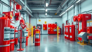 Showcasing advanced fire protection systems including extinguishers and alarms in a safety-compliant environment.