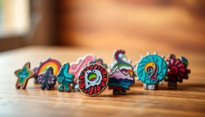 Showcasing custom acrylic pins with vibrant designs and glossy finishes for artistic promotion.