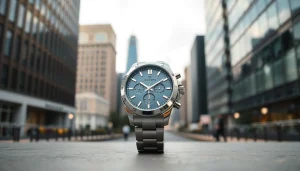 Herren Armbanduhr, stilvoll präsentiert in urbanem Umfeld, poliertes Design im Vordergrund