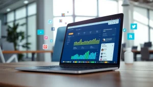 Visual representation of Social media and blog automation tools in a modern workspace with vibrant dashboards.