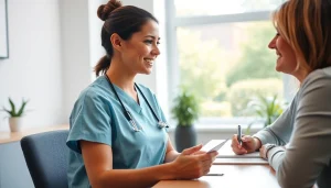 Supportive discussion about the VDAP Program between a nurse and counselor in a bright office.