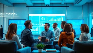 Analyze competitive intelligence insights with a dynamic team in a modern office setting.
