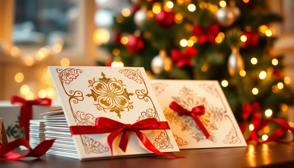 Explore luxury Christmas cards London with elegant gold accents and festive decorations.