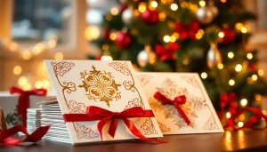 Explore luxury Christmas cards London with elegant gold accents and festive decorations.