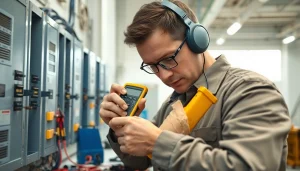 Engaging fixed electrical testing scene showcasing a technician ensuring safety.