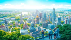 Explore various Locations with a detailed city map illustration showcasing vibrant landmarks.