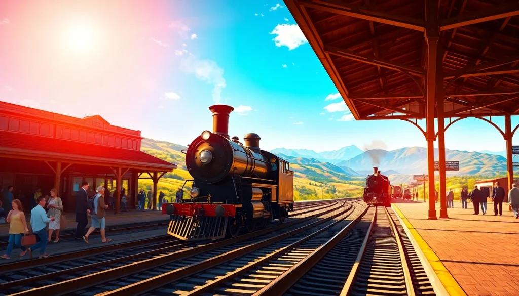 Download railroad tycoon free download with a vintage locomotive at a historic train station.