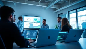 Web development professionals collaborating on projects in a modern office setting.