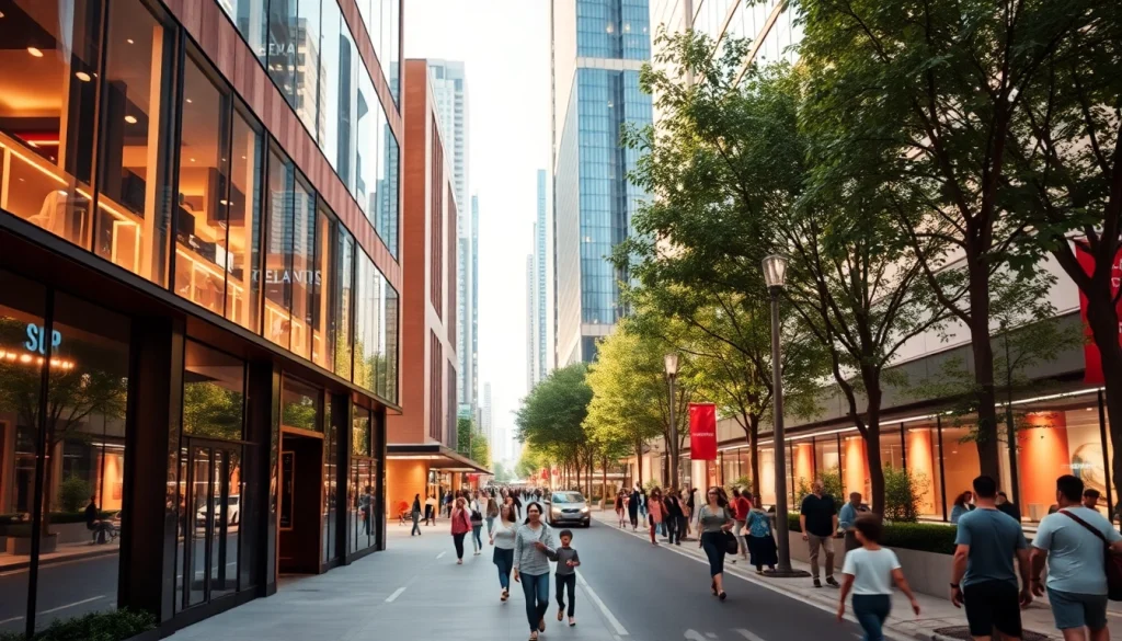 Architektur visualisierung eines modernen Gebäudes in einer lebhaften Stadtlandschaft.