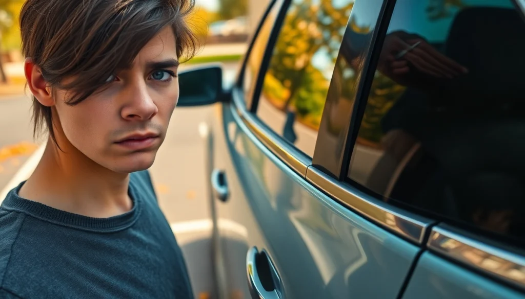 Person struggling with Keys Locked in Car, expressing frustration beside a parked vehicle.