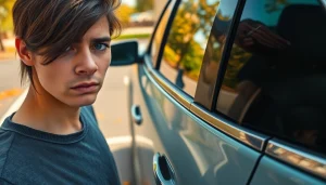 Person struggling with Keys Locked in Car, expressing frustration beside a parked vehicle.