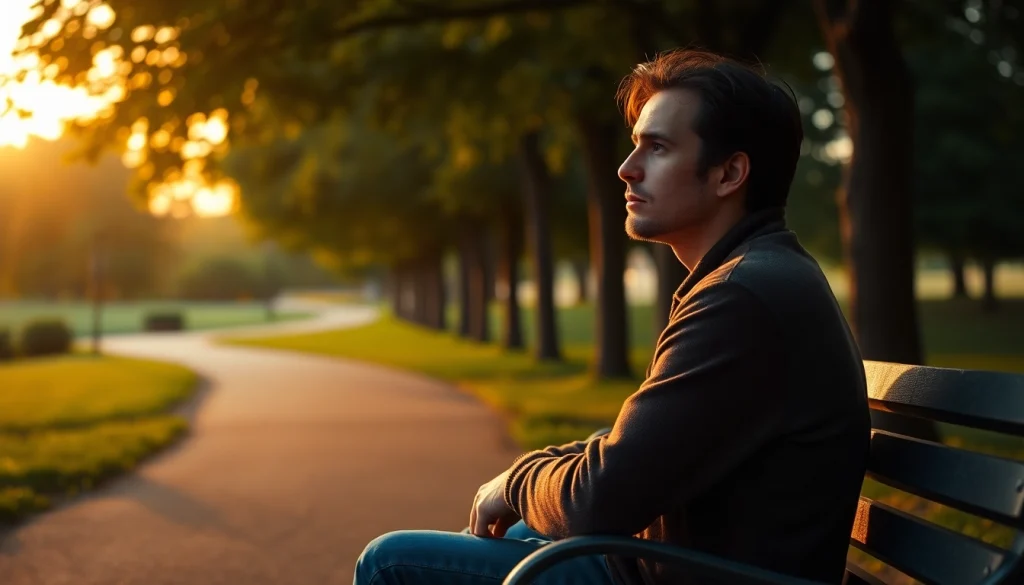 A reflective moment of a person dealing with grief in a tranquil park setting.