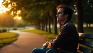 A reflective moment of a person dealing with grief in a tranquil park setting.