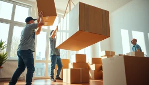 Efficient Cheap movers carefully transporting furniture in a bright apartment.