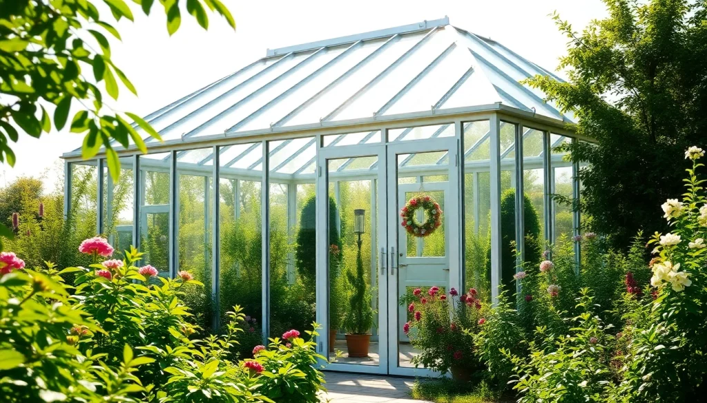 A beautiful home glass greenhouse addition showcasing elegant design and vibrant garden surroundings.