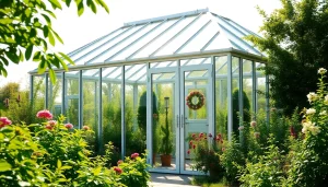 A beautiful home glass greenhouse addition showcasing elegant design and vibrant garden surroundings.
