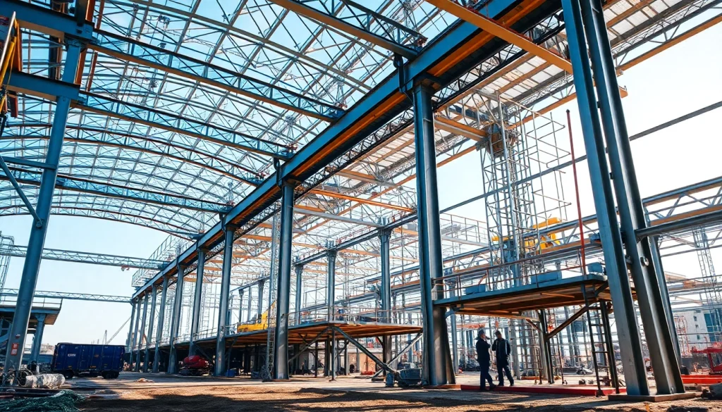 Steel structure design highlighting intricate frameworks in a construction site featuring workers.