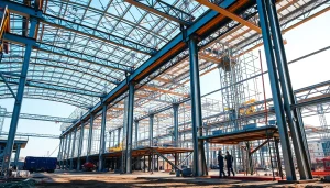 Steel structure design highlighting intricate frameworks in a construction site featuring workers.