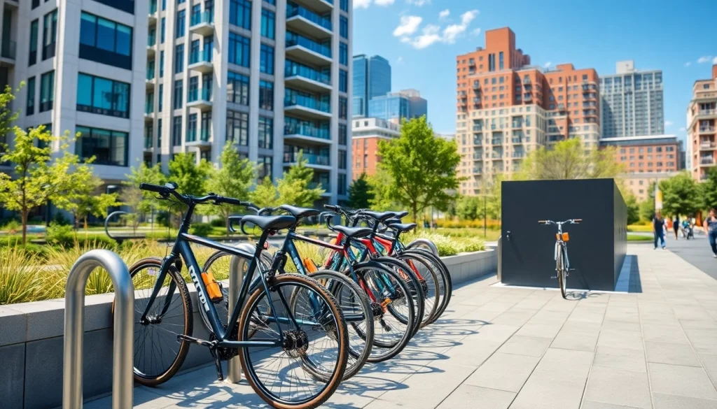 Showcase urban bike storage solutions with stylish bike racks and accessories in a vibrant city.