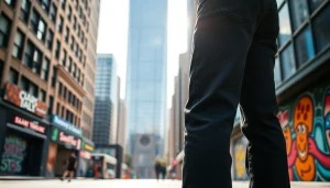 Model showcasing stylish baggy black jeans in an urban setting with vibrant city background.